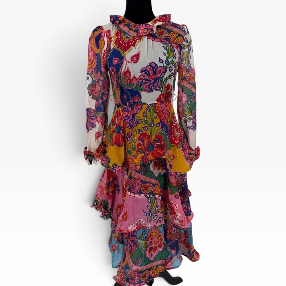 Zimmermann Paisley Tiered Silk Cotton Midi Dress Sz 1 Floral Ruffle